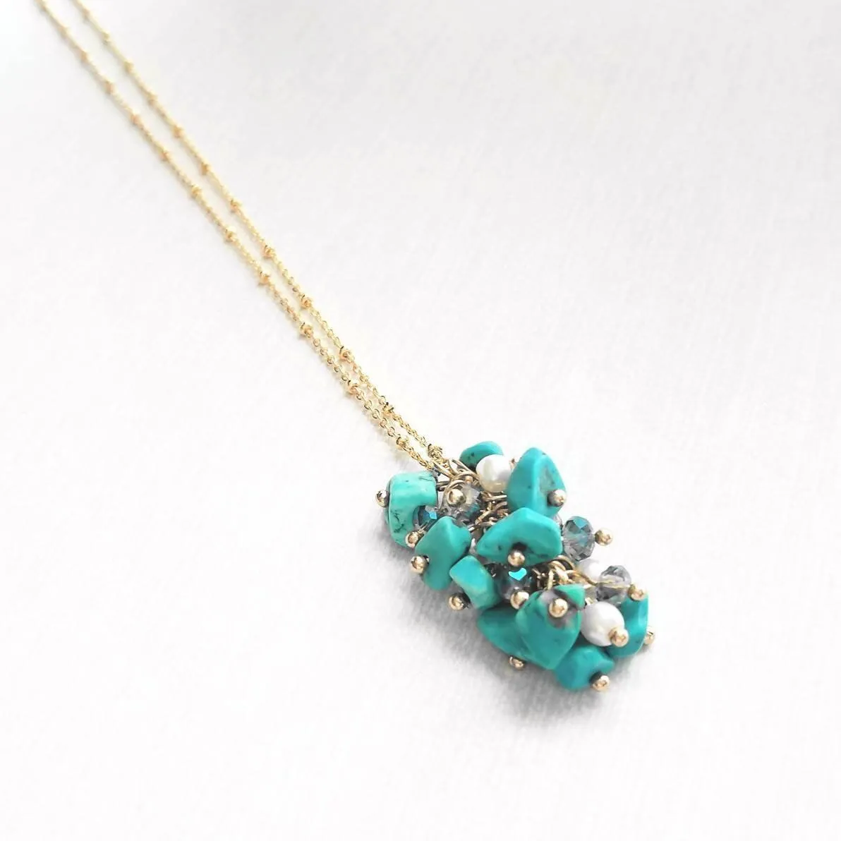 Turquoise Stone Necklace - stone cluster pendant, turquoise necklace, blue stone necklace, pebble necklace, cluster necklace, turquoise gold