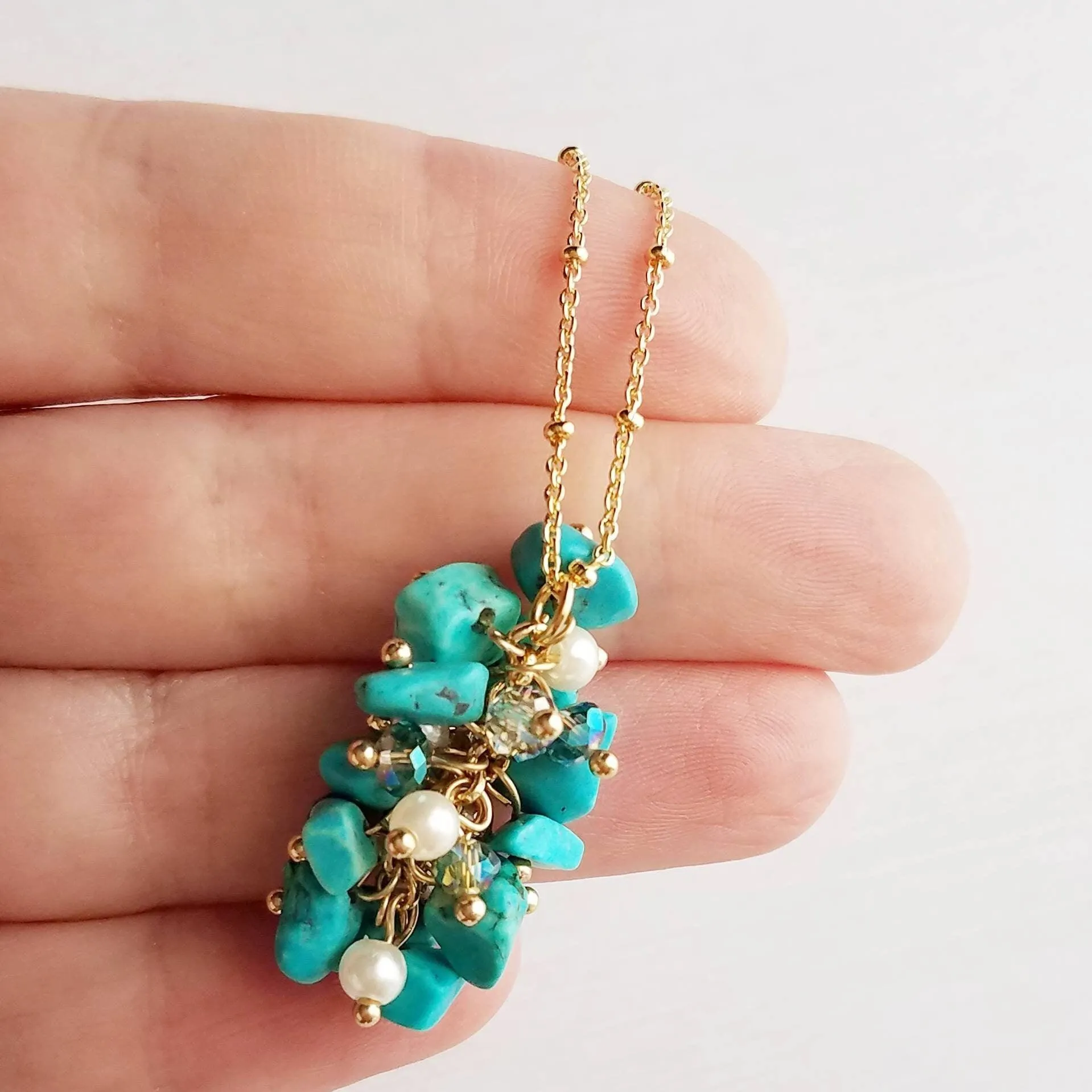 Turquoise Stone Necklace - stone cluster pendant, turquoise necklace, blue stone necklace, pebble necklace, cluster necklace, turquoise gold