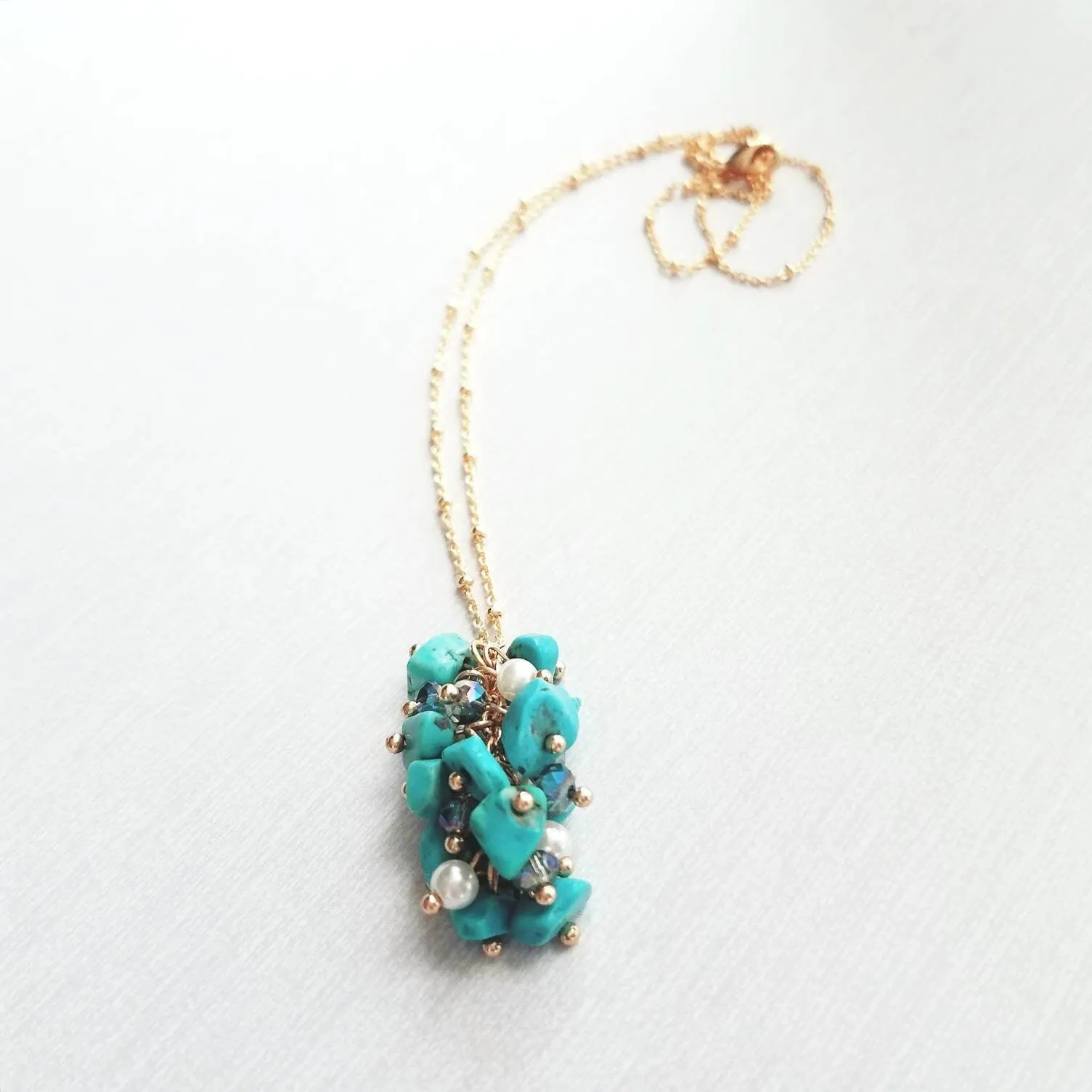 Turquoise Stone Necklace - stone cluster pendant, turquoise necklace, blue stone necklace, pebble necklace, cluster necklace, turquoise gold