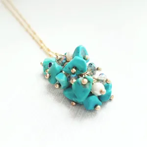 Turquoise Stone Necklace - stone cluster pendant, turquoise necklace, blue stone necklace, pebble necklace, cluster necklace, turquoise gold