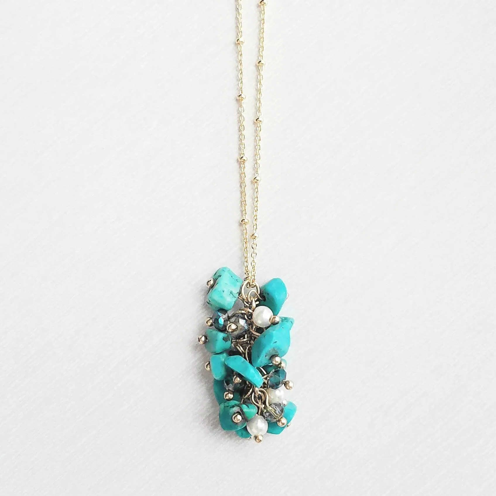 Turquoise Stone Necklace - stone cluster pendant, turquoise necklace, blue stone necklace, pebble necklace, cluster necklace, turquoise gold