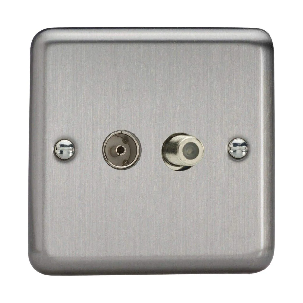 Varilight 2-Gang TV Plug Socket, Co-axial   F-Type Satellite Matt Chrome XS88S
