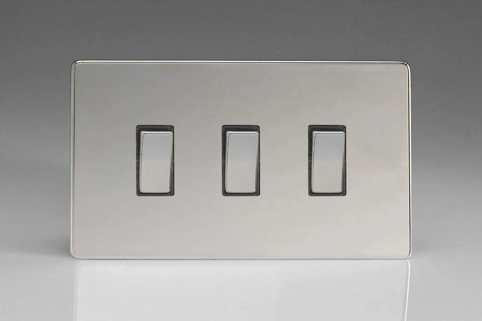 Varilight 3-Gang 10A 1- or 2-Way Rocker Light Switch (Twin Plate) Polished Chrome XDC93S