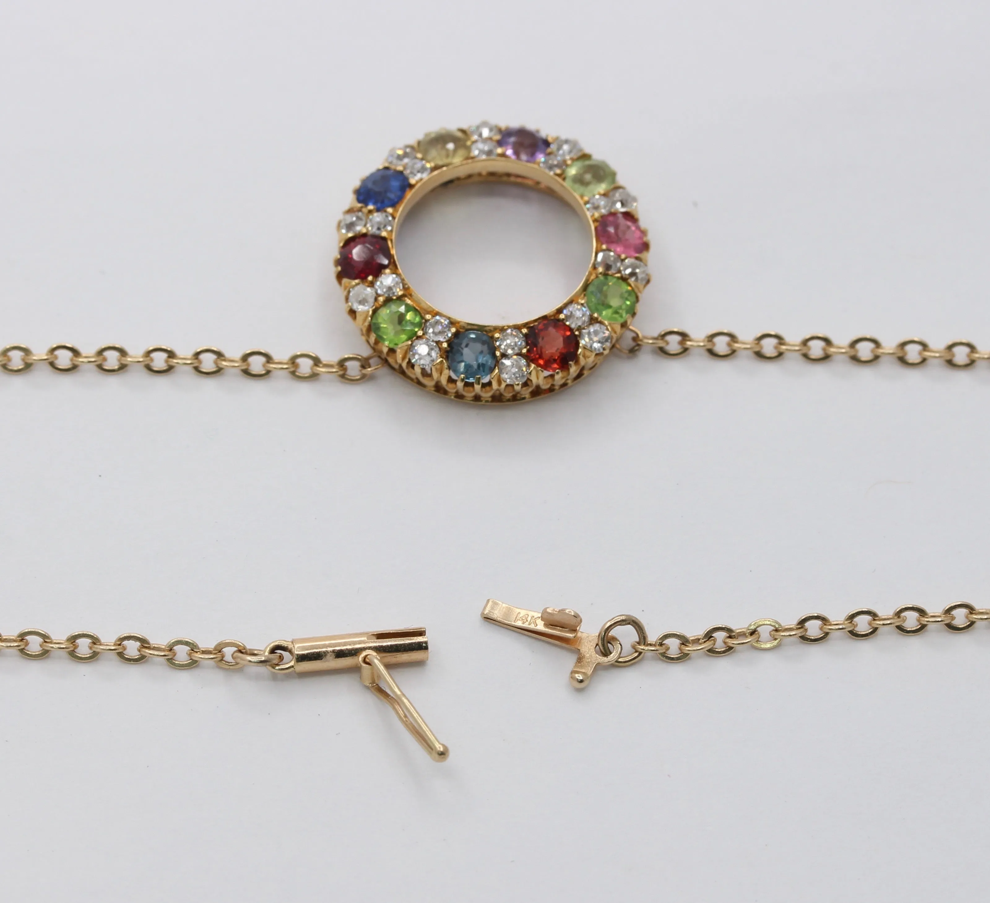 Victorian Harlequin 18K Gold Diamond, Sapphire, Peridot Circle Pendant, Antique Rainbow Necklace