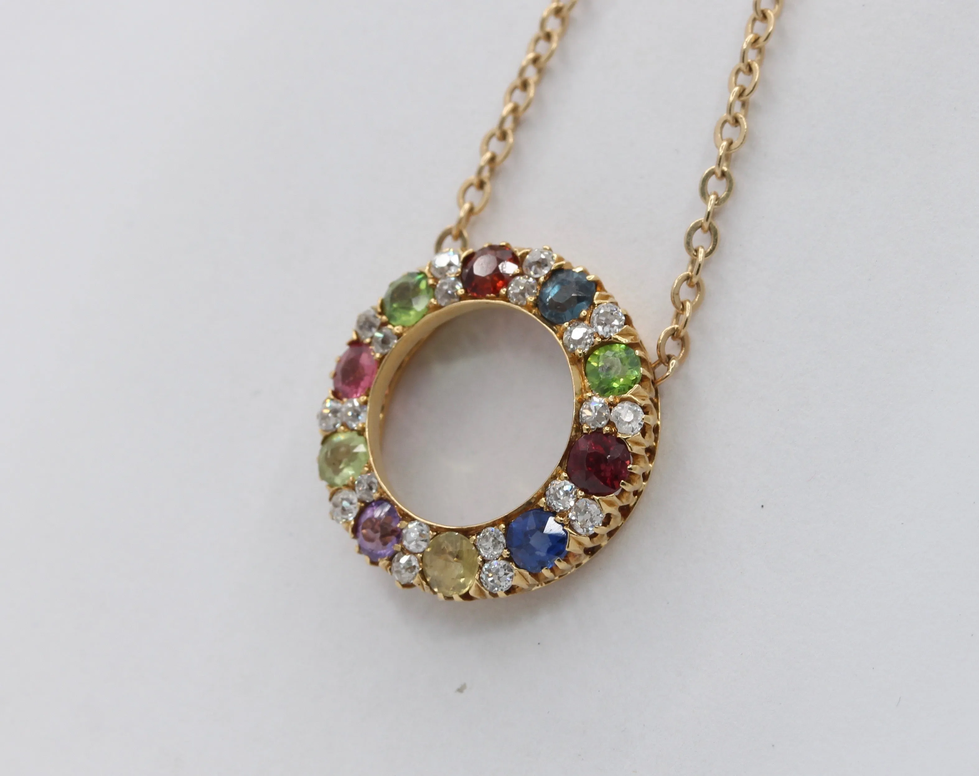 Victorian Harlequin 18K Gold Diamond, Sapphire, Peridot Circle Pendant, Antique Rainbow Necklace