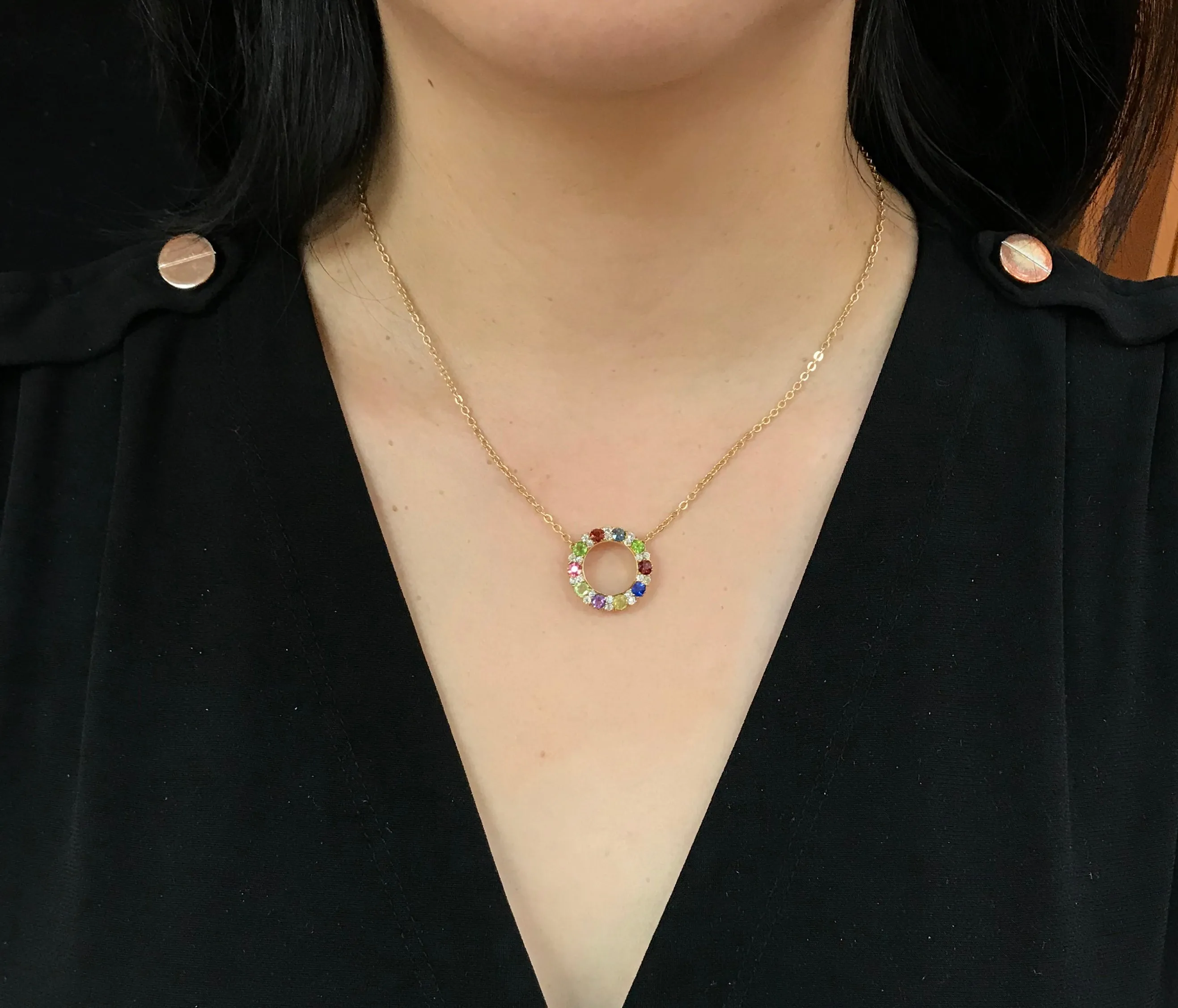 Victorian Harlequin 18K Gold Diamond, Sapphire, Peridot Circle Pendant, Antique Rainbow Necklace