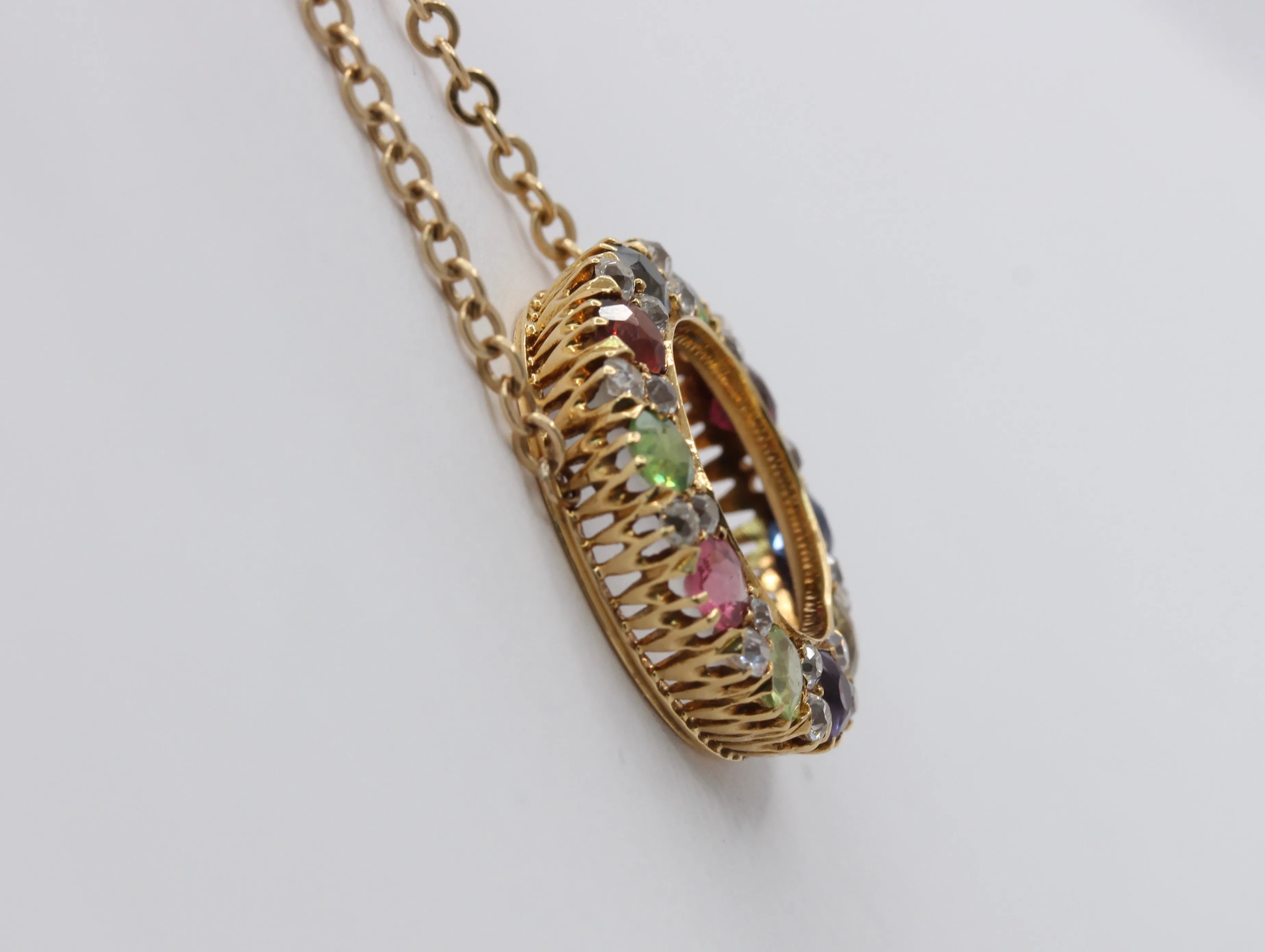 Victorian Harlequin 18K Gold Diamond, Sapphire, Peridot Circle Pendant, Antique Rainbow Necklace