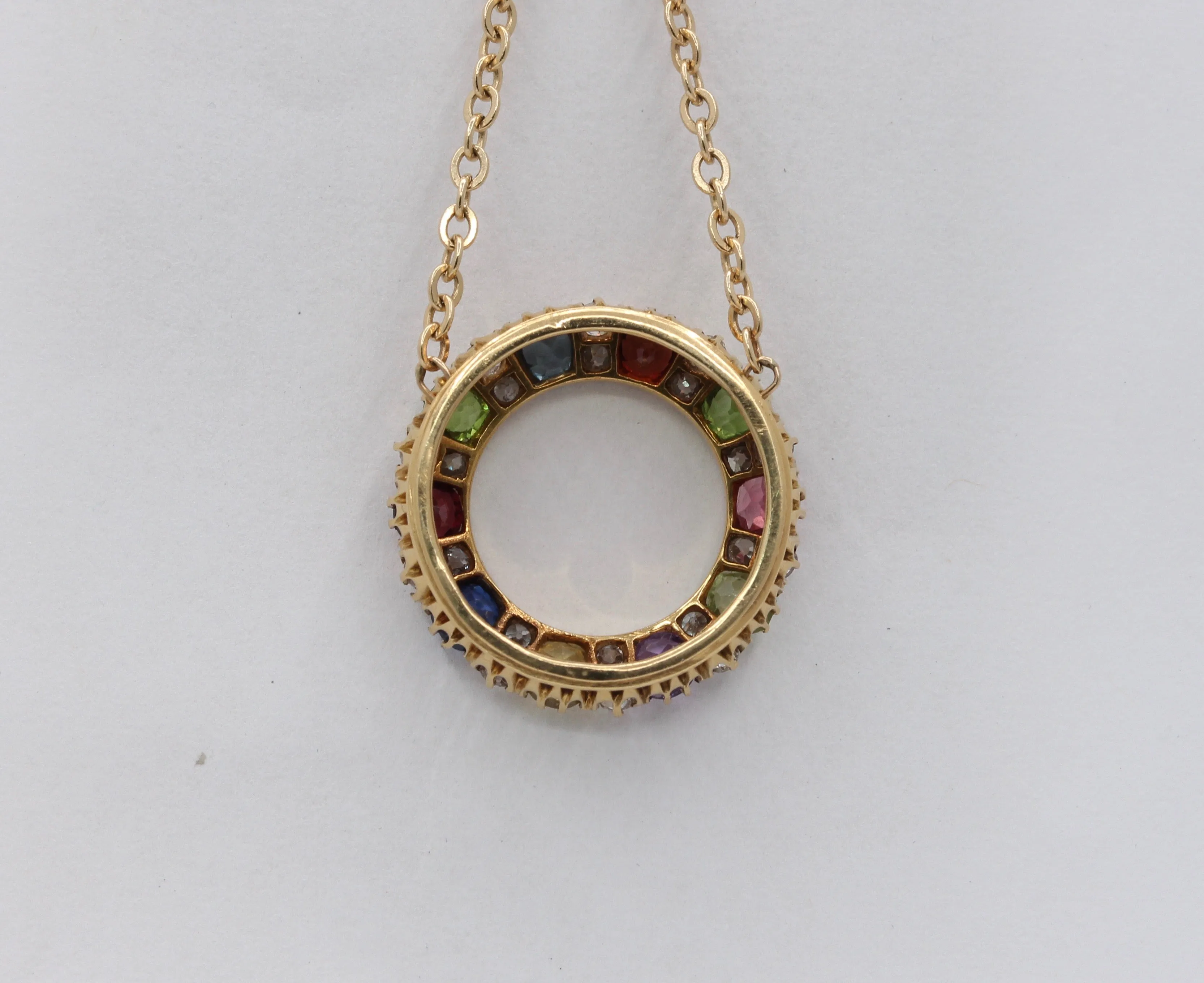 Victorian Harlequin 18K Gold Diamond, Sapphire, Peridot Circle Pendant, Antique Rainbow Necklace