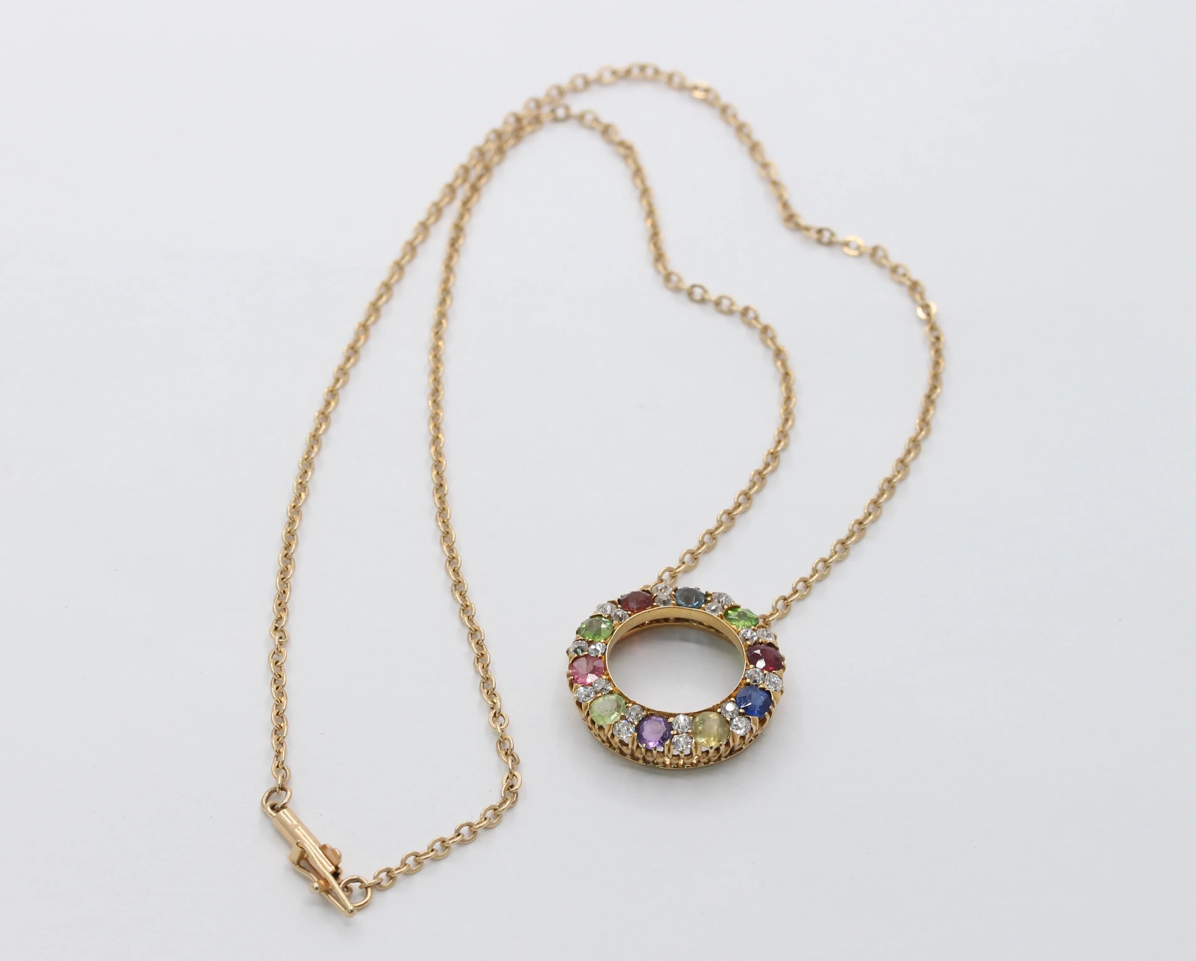 Victorian Harlequin 18K Gold Diamond, Sapphire, Peridot Circle Pendant, Antique Rainbow Necklace