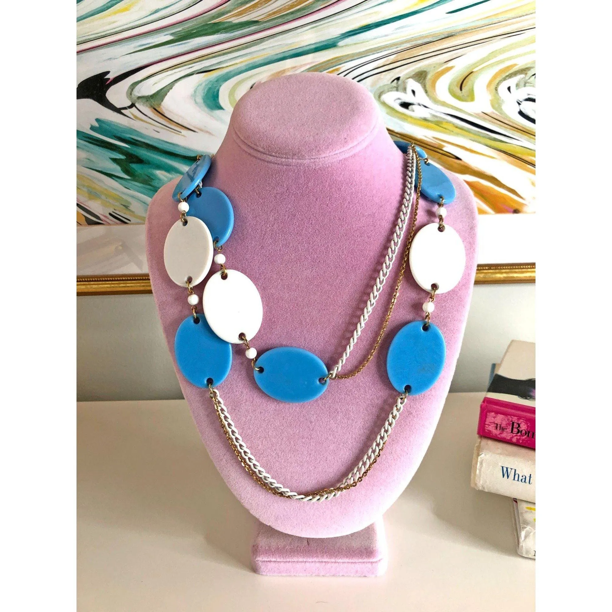 Vintage 1960s Mod Style Oversized Blue and White Disc Necklace