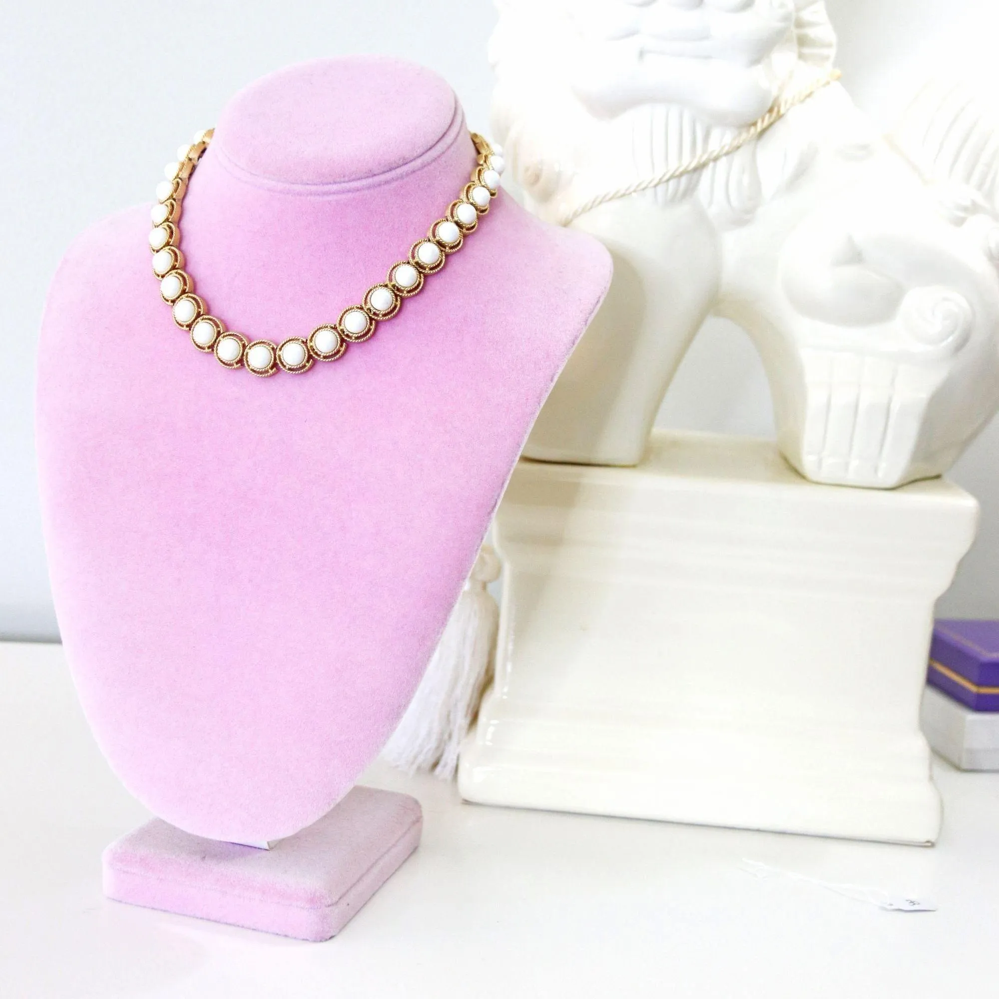 Vintage Crown Trifari White Cabochon and Gold Choker Necklace