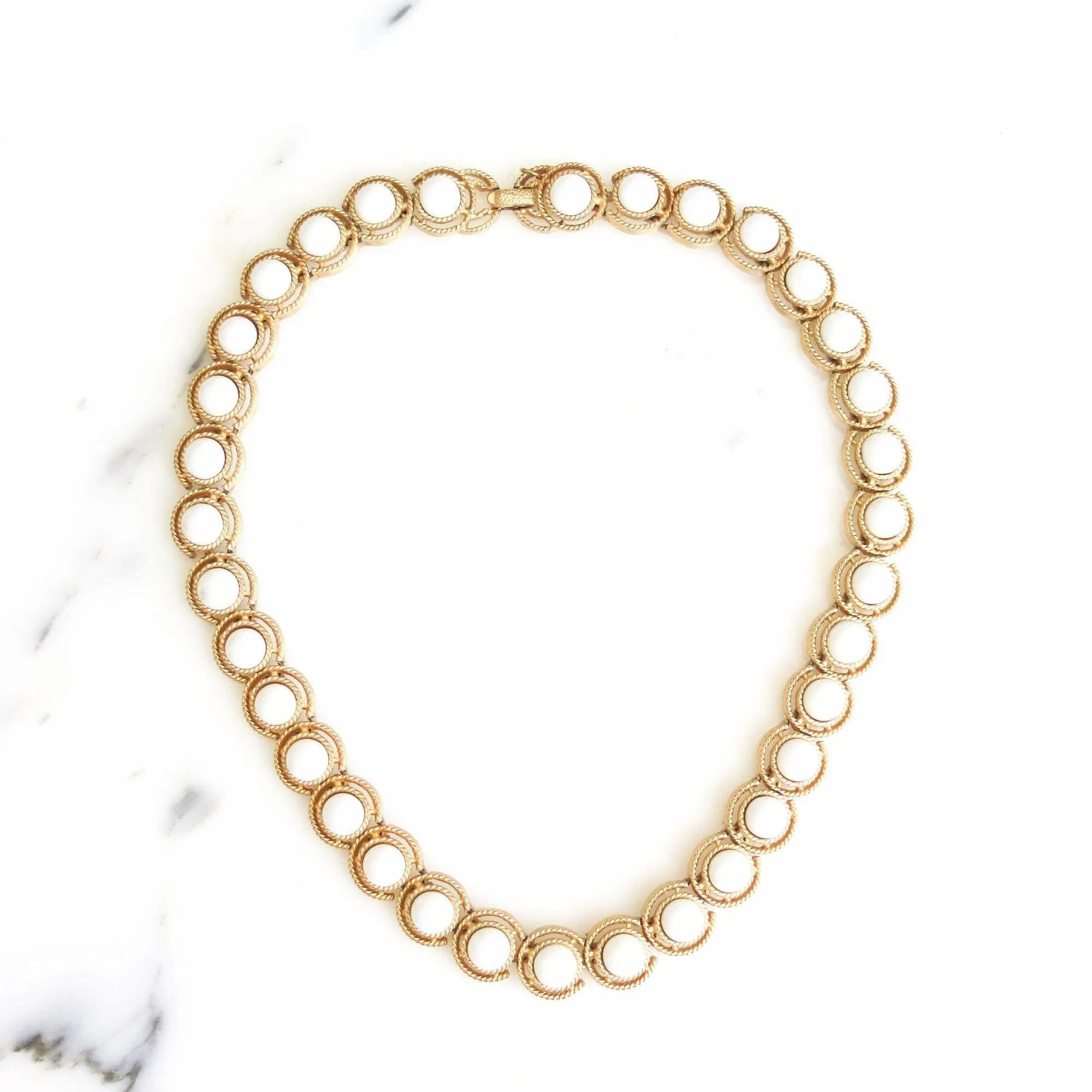 Vintage Crown Trifari White Cabochon and Gold Choker Necklace