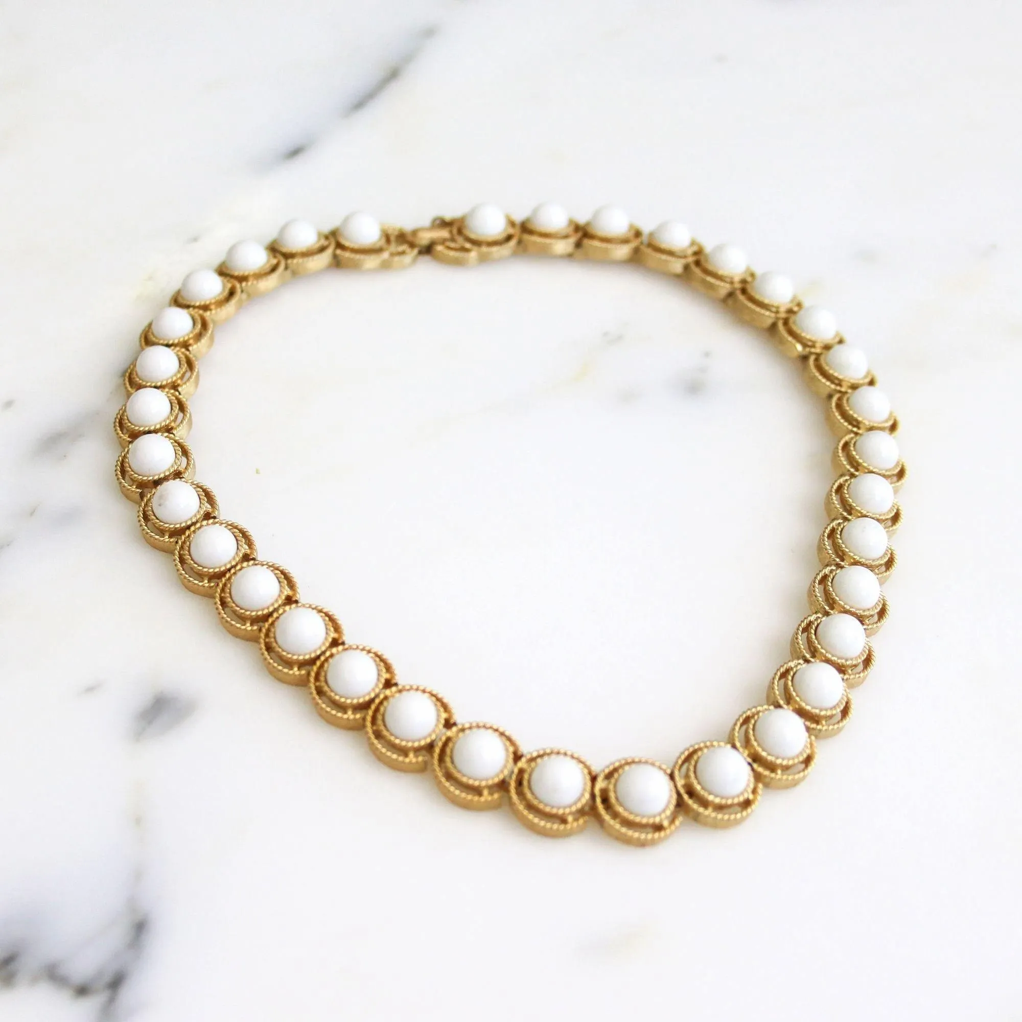 Vintage Crown Trifari White Cabochon and Gold Choker Necklace