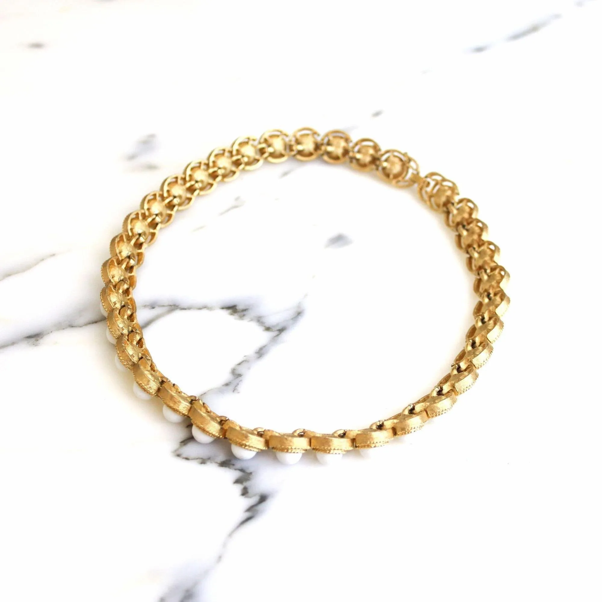 Vintage Crown Trifari White Cabochon and Gold Choker Necklace