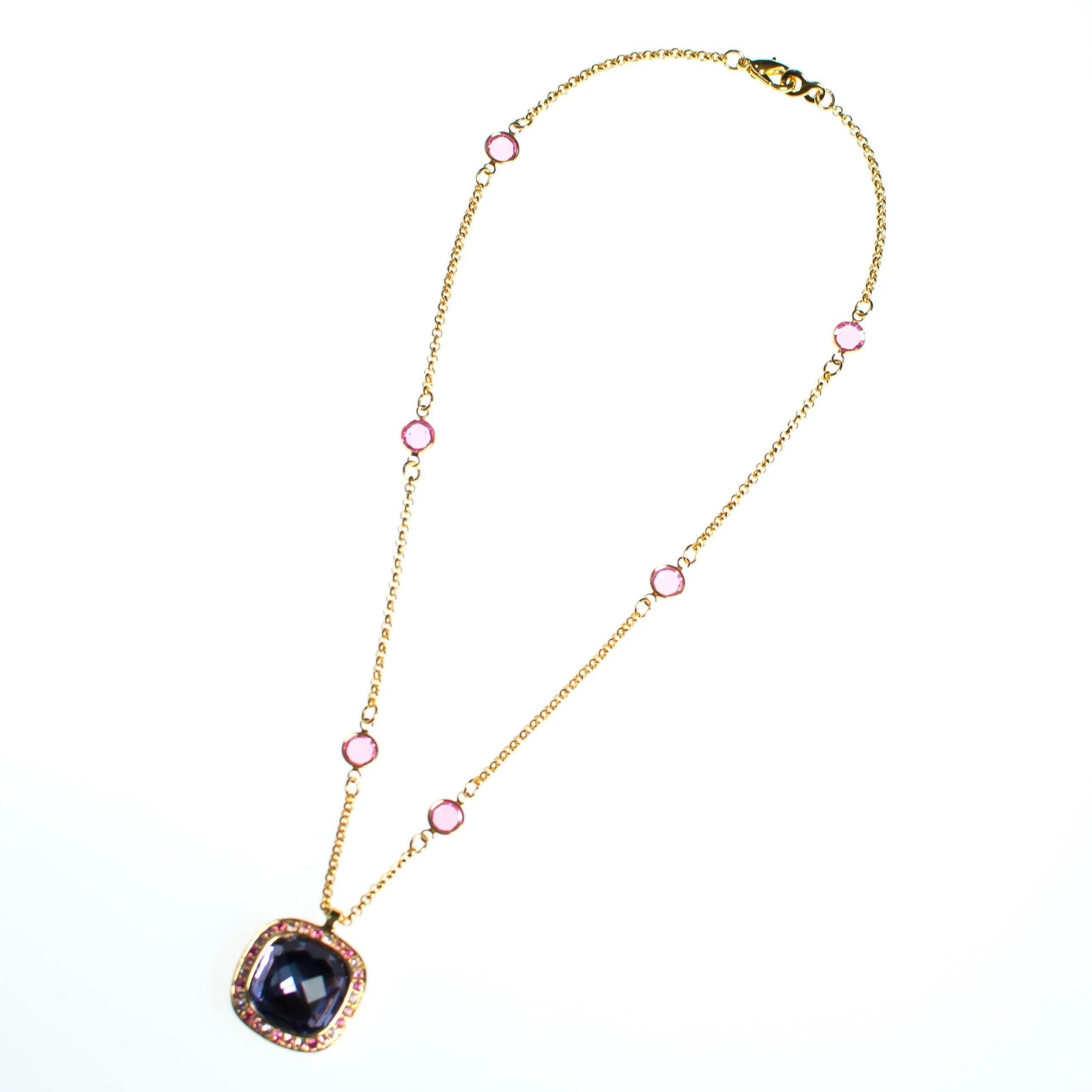 Vintage Kenneth Jay Lane Necklace and Pendant, Pink Rhinestones, Purple Rhinestones, Clear Rhinestones, Gold Tone Necklace, Lobster Clasp