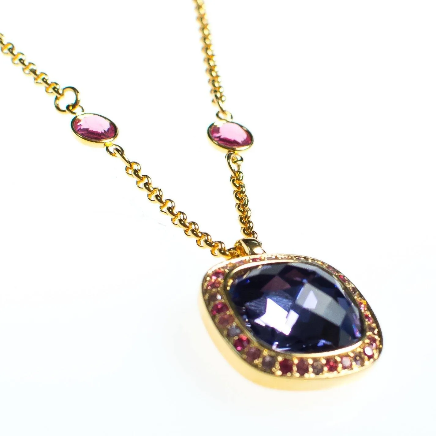 Vintage Kenneth Jay Lane Necklace and Pendant, Pink Rhinestones, Purple Rhinestones, Clear Rhinestones, Gold Tone Necklace, Lobster Clasp