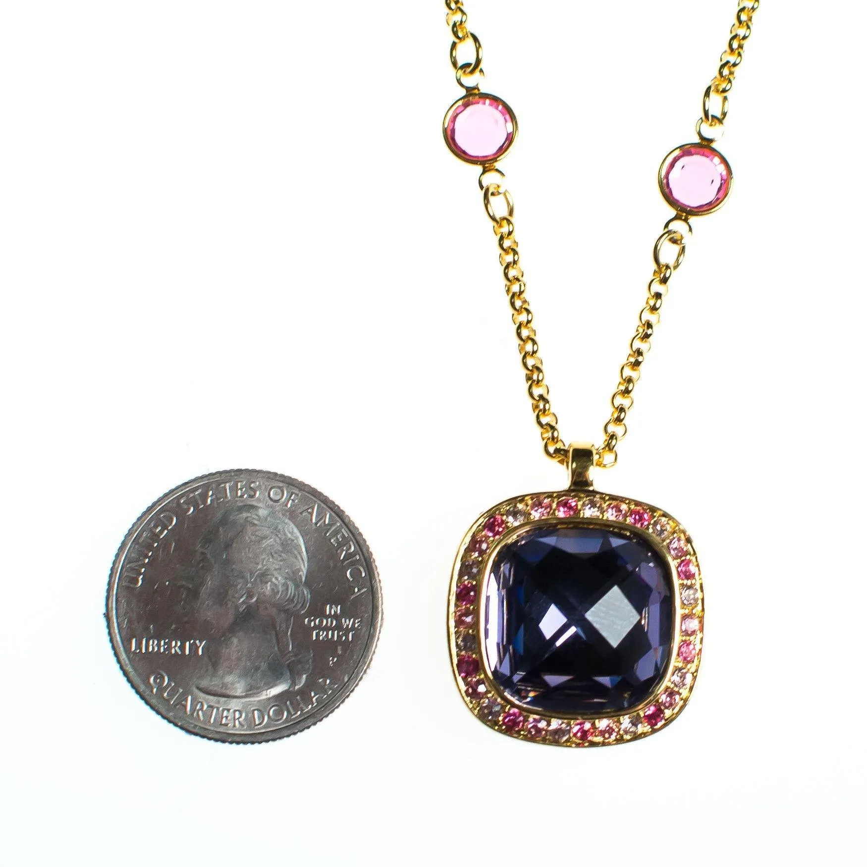 Vintage Kenneth Jay Lane Necklace and Pendant, Pink Rhinestones, Purple Rhinestones, Clear Rhinestones, Gold Tone Necklace, Lobster Clasp