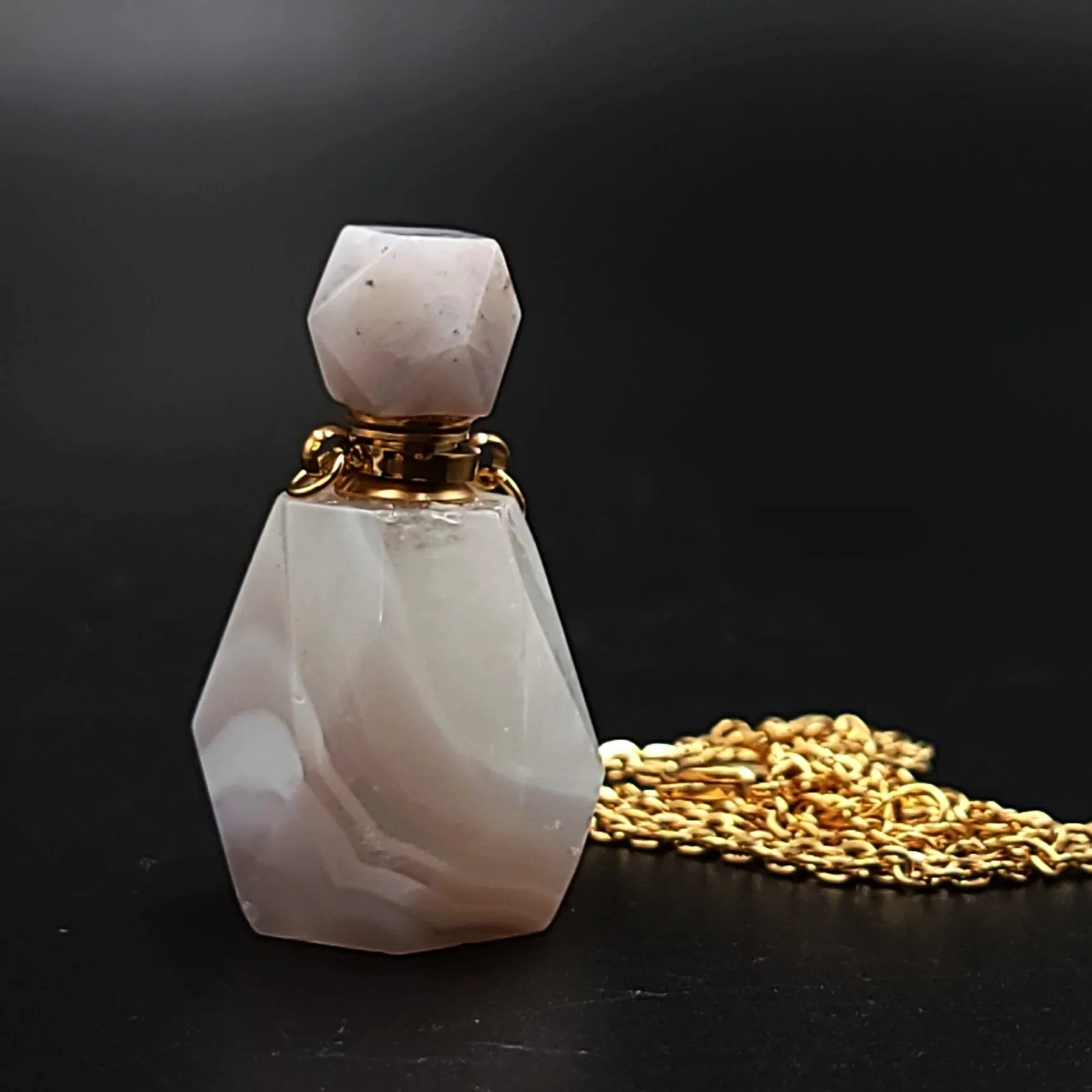 White Agate Bottle Pendant Necklace Sacred Geometry Holder Perfume Oils Incense Ashes