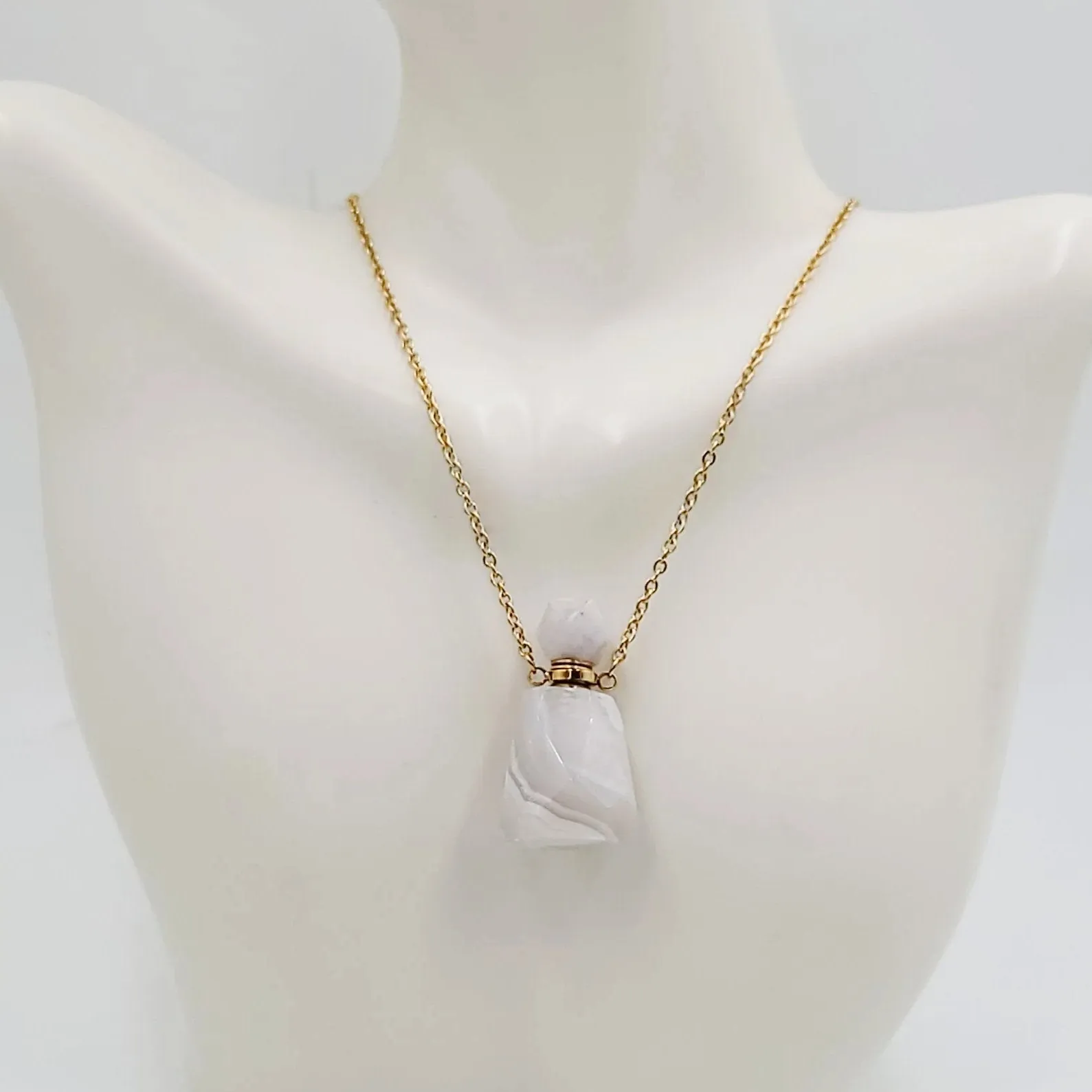 White Agate Bottle Pendant Necklace Sacred Geometry Holder Perfume Oils Incense Ashes