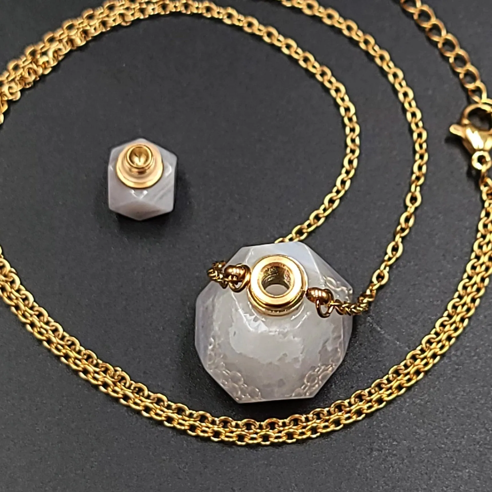White Agate Bottle Pendant Necklace Sacred Geometry Holder Perfume Oils Incense Ashes