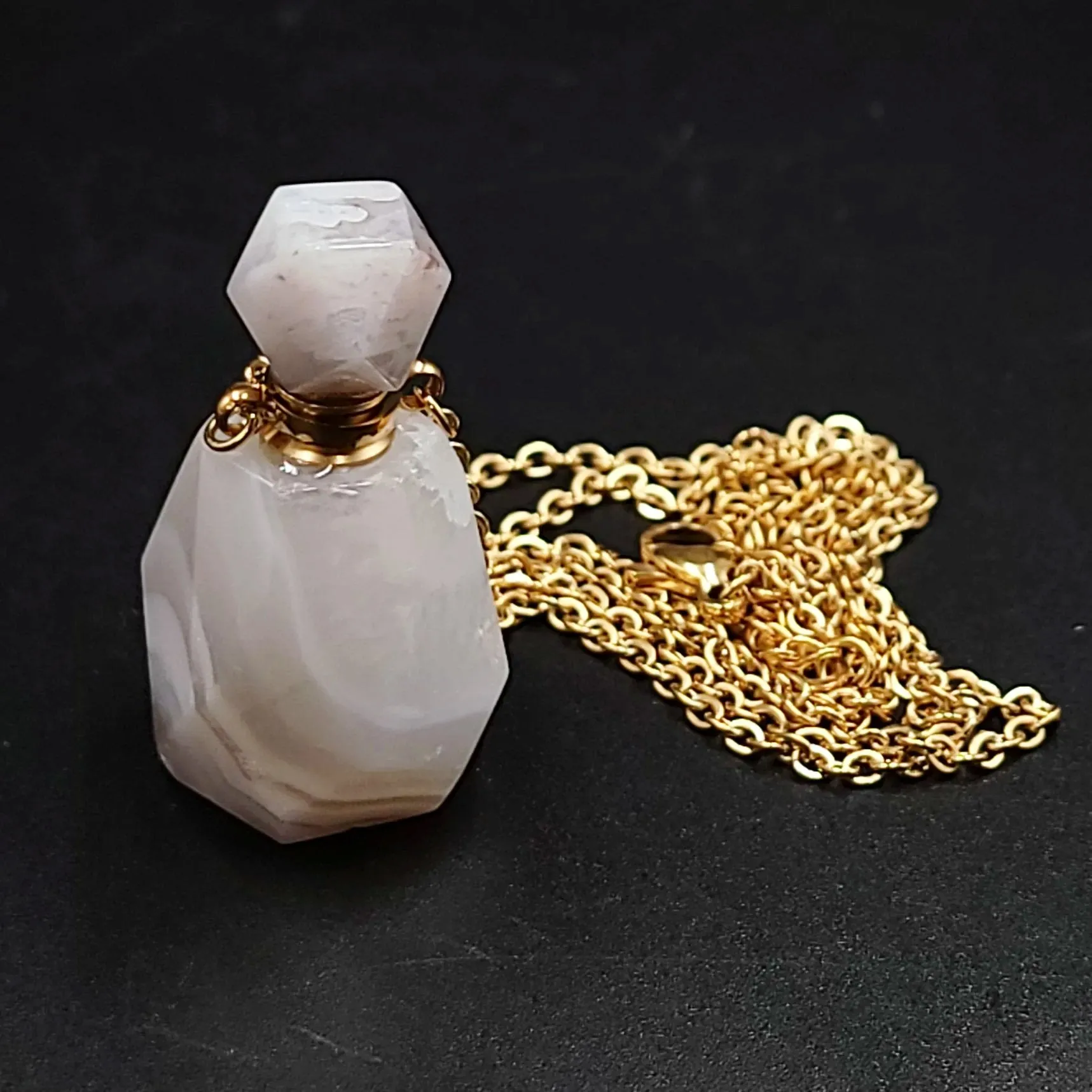 White Agate Bottle Pendant Necklace Sacred Geometry Holder Perfume Oils Incense Ashes