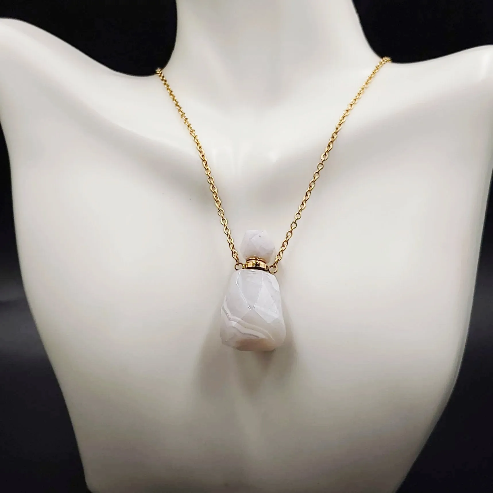 White Agate Bottle Pendant Necklace Sacred Geometry Holder Perfume Oils Incense Ashes
