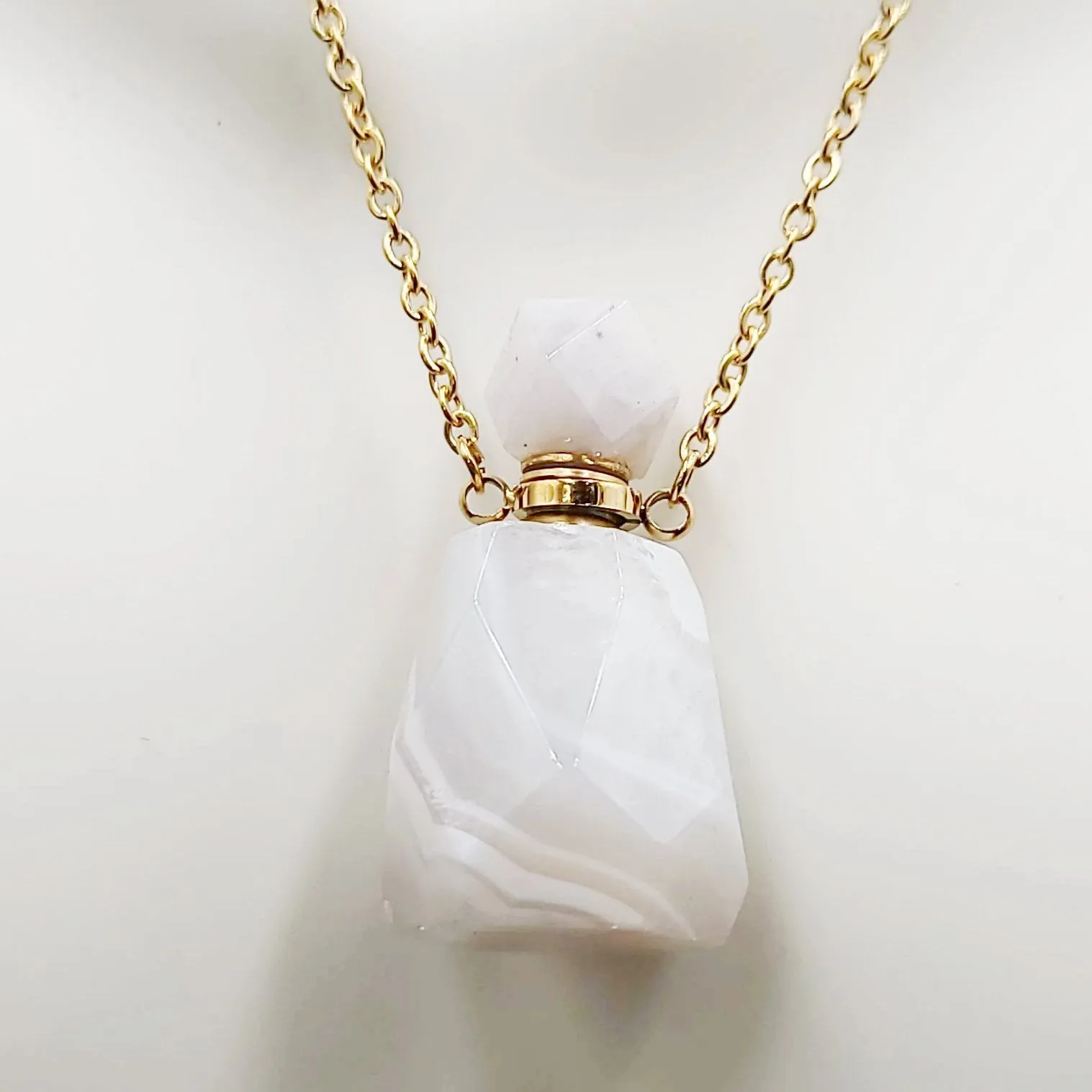 White Agate Bottle Pendant Necklace Sacred Geometry Holder Perfume Oils Incense Ashes