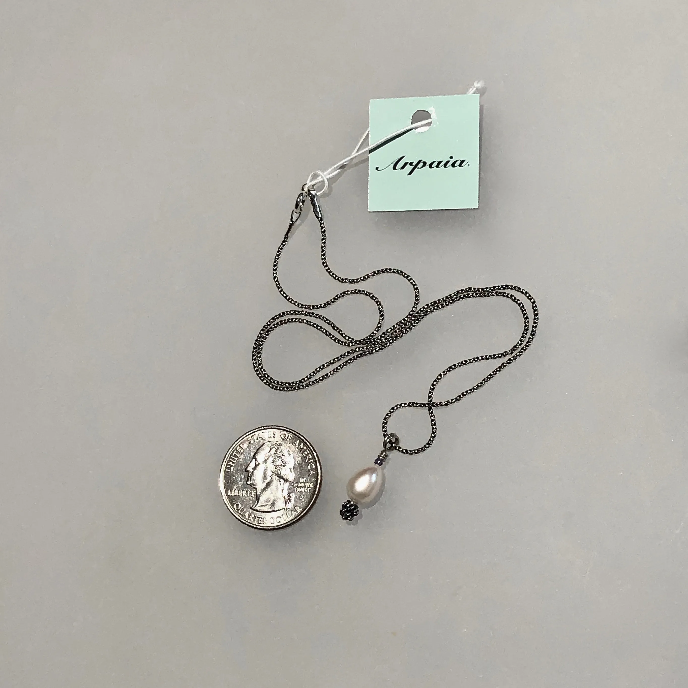 White Cultured Freshwater Drop Pearl Pendant on 18" Oxidized Sterling Silver Chain