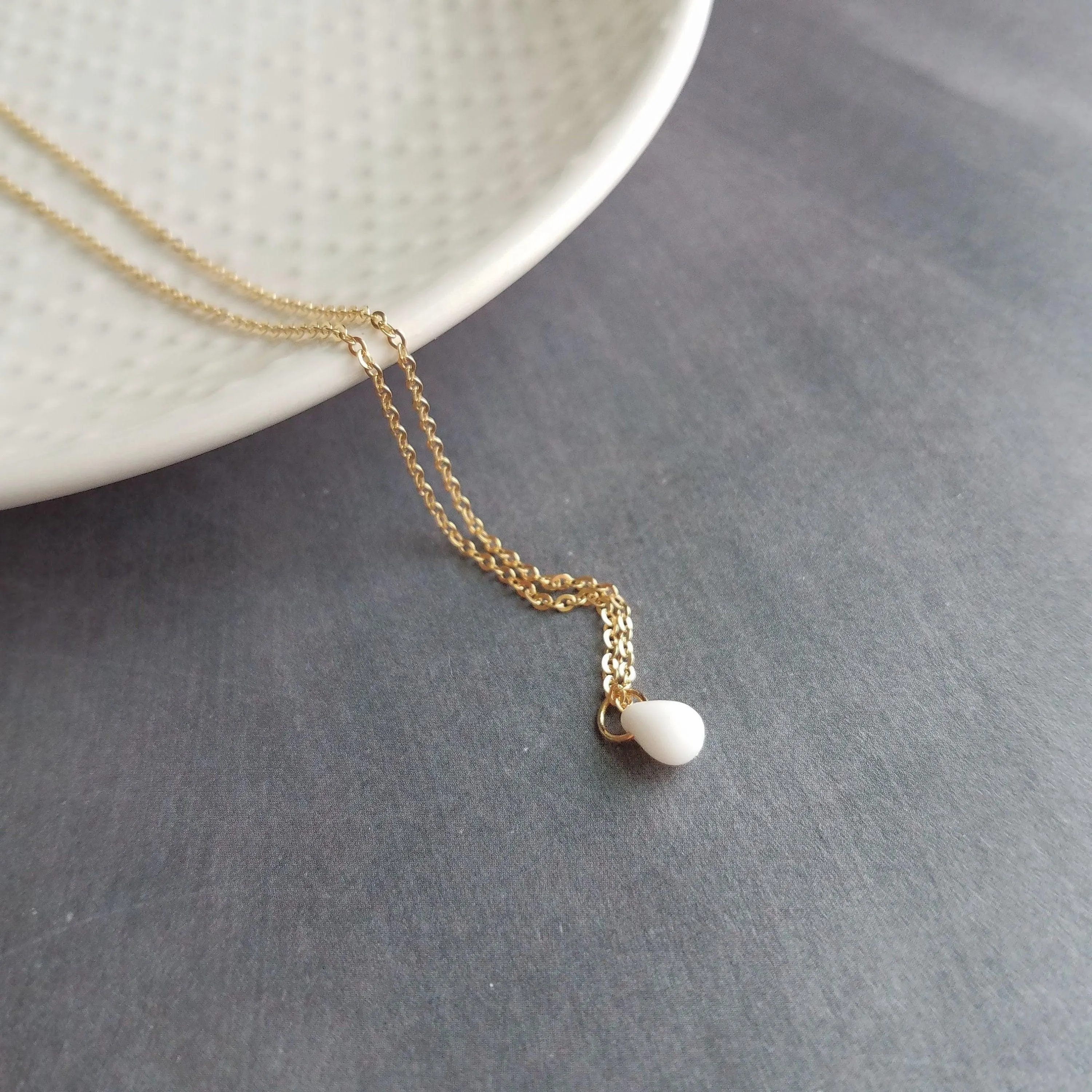 White Teardrop Necklace, delicate gold chain, 14K gold fill chain, minimalist necklace, tiny glass drop pendant, dainty gold necklace, small charm, bridesmaid gift for her
