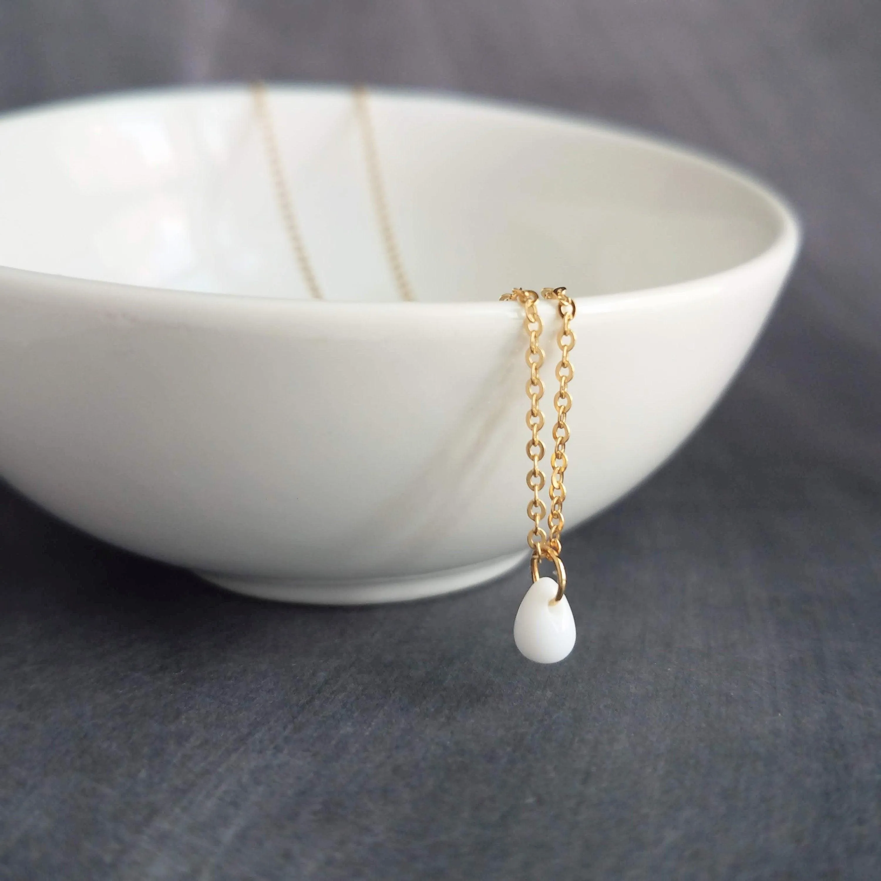 White Teardrop Necklace, delicate gold chain, 14K gold fill chain, minimalist necklace, tiny glass drop pendant, dainty gold necklace, small charm, bridesmaid gift for her