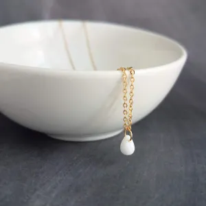 White Teardrop Necklace, delicate gold chain, 14K gold fill chain, minimalist necklace, tiny glass drop pendant, dainty gold necklace, small charm, bridesmaid gift for her