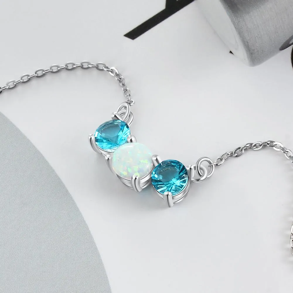 Women’s 925 Sterling Silver Party Jewelry Necklace with Three Circles Opal Stone & Blue CZ Pendant