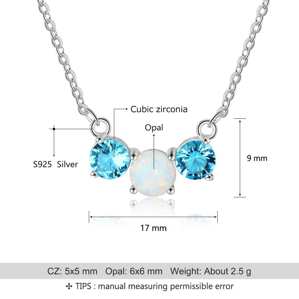 Women’s 925 Sterling Silver Party Jewelry Necklace with Three Circles Opal Stone & Blue CZ Pendant