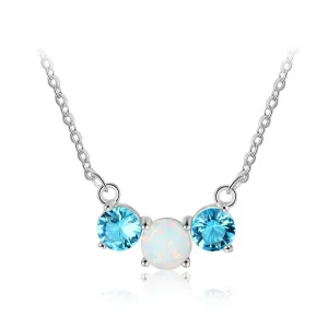 Women’s 925 Sterling Silver Party Jewelry Necklace with Three Circles Opal Stone & Blue CZ Pendant