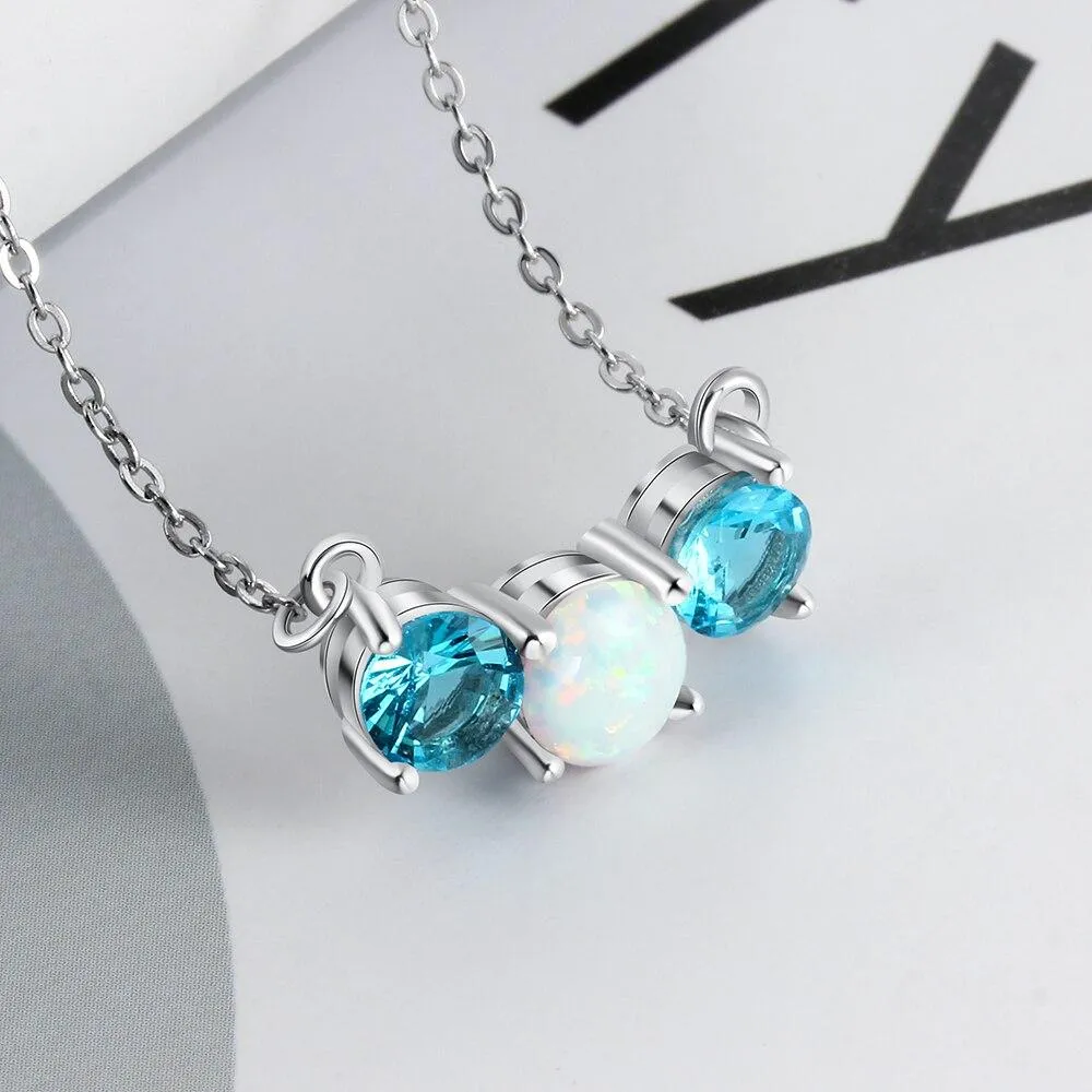 Women’s 925 Sterling Silver Party Jewelry Necklace with Three Circles Opal Stone & Blue CZ Pendant