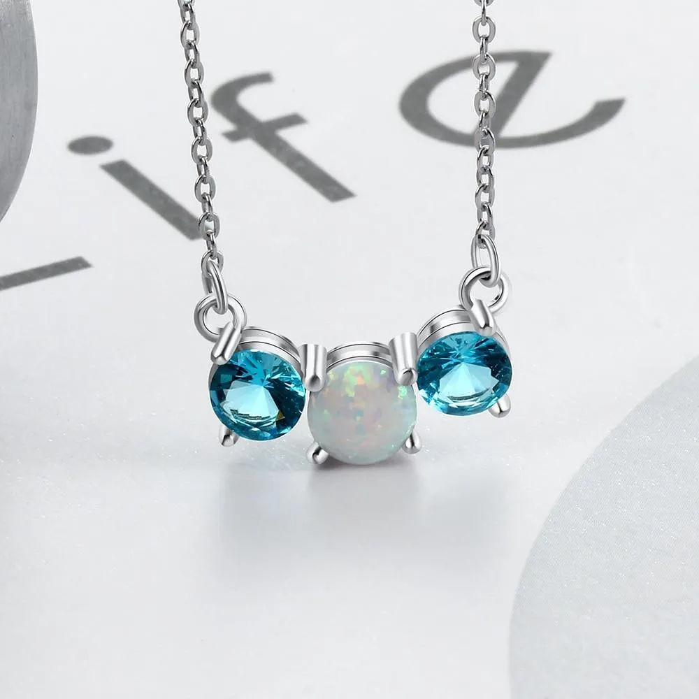 Women’s 925 Sterling Silver Party Jewelry Necklace with Three Circles Opal Stone & Blue CZ Pendant