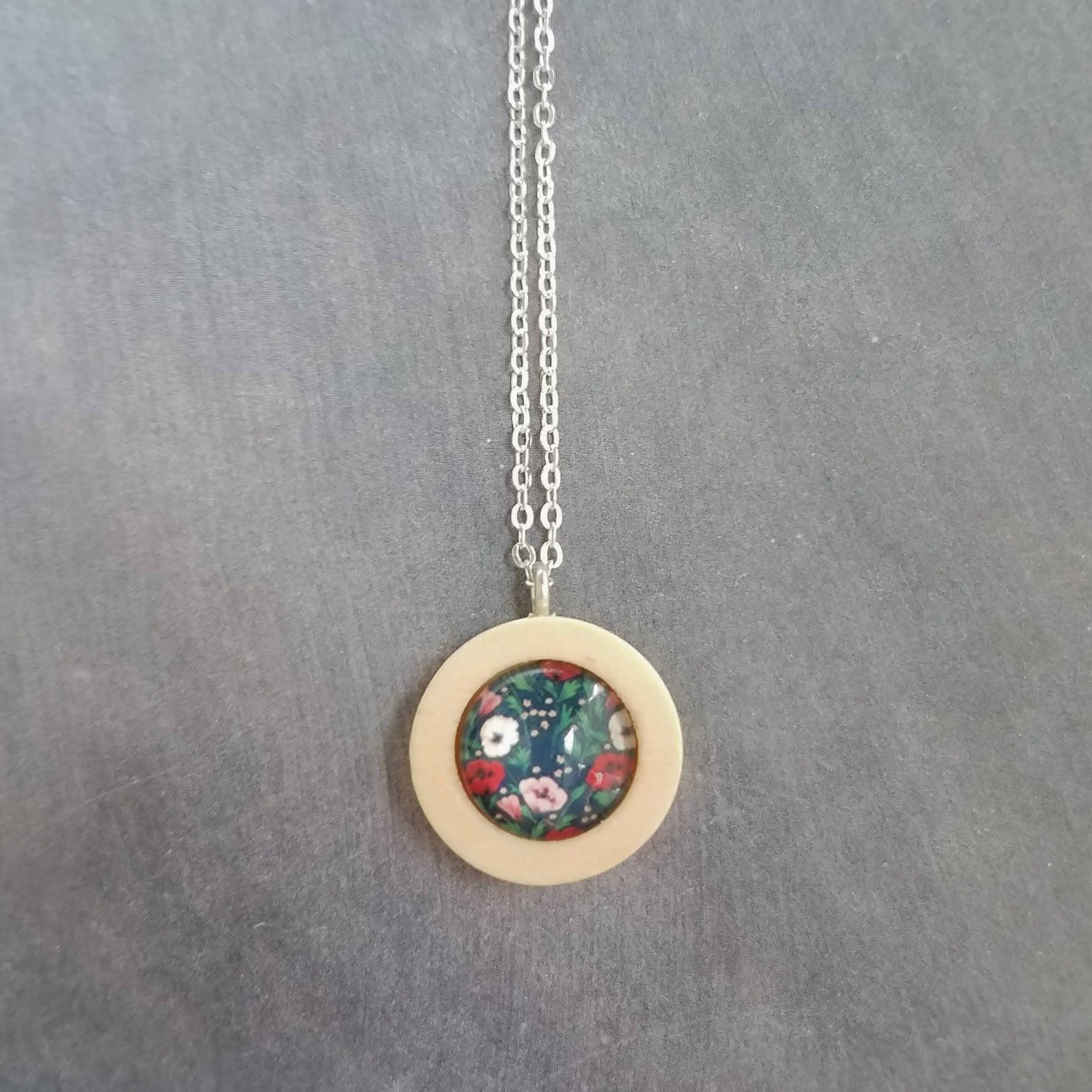Wood Pendant Necklace, flower print necklace, floral pendant, silver chain, wood frame pendant spring jewelry poppy petunia garden navy blue
