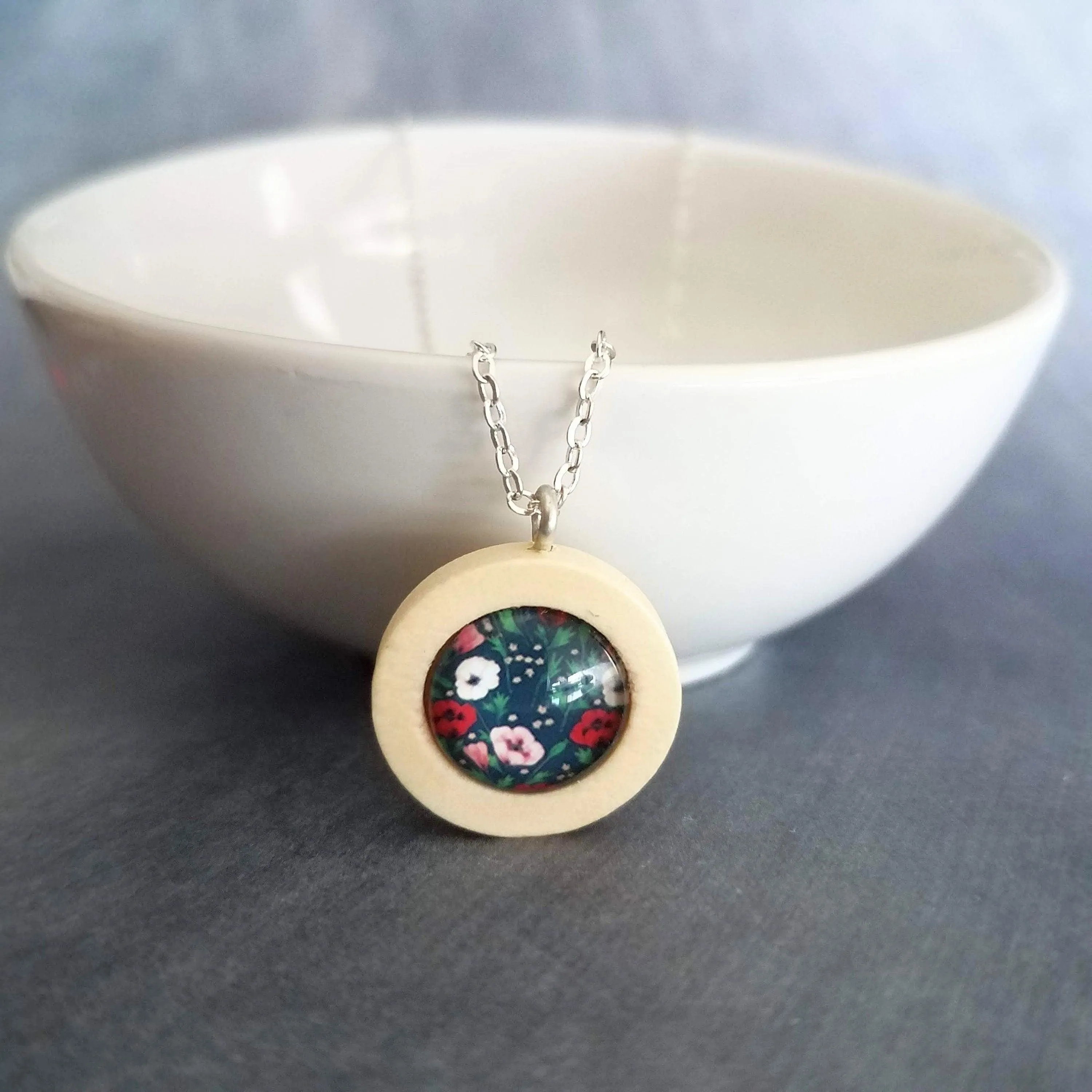 Wood Pendant Necklace, flower print necklace, floral pendant, silver chain, wood frame pendant spring jewelry poppy petunia garden navy blue