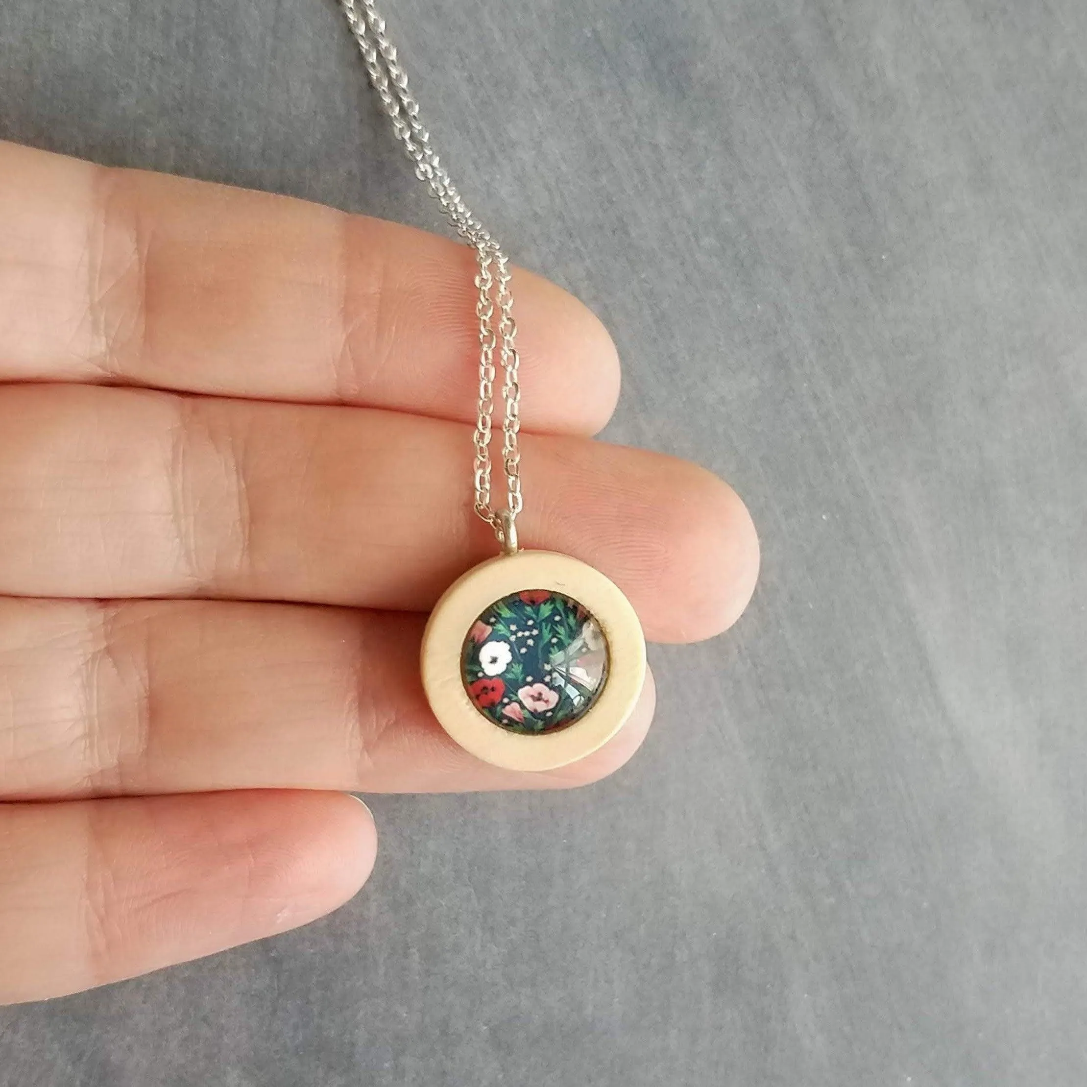 Wood Pendant Necklace, flower print necklace, floral pendant, silver chain, wood frame pendant spring jewelry poppy petunia garden navy blue