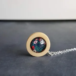 Wood Pendant Necklace, flower print necklace, floral pendant, silver chain, wood frame pendant spring jewelry poppy petunia garden navy blue