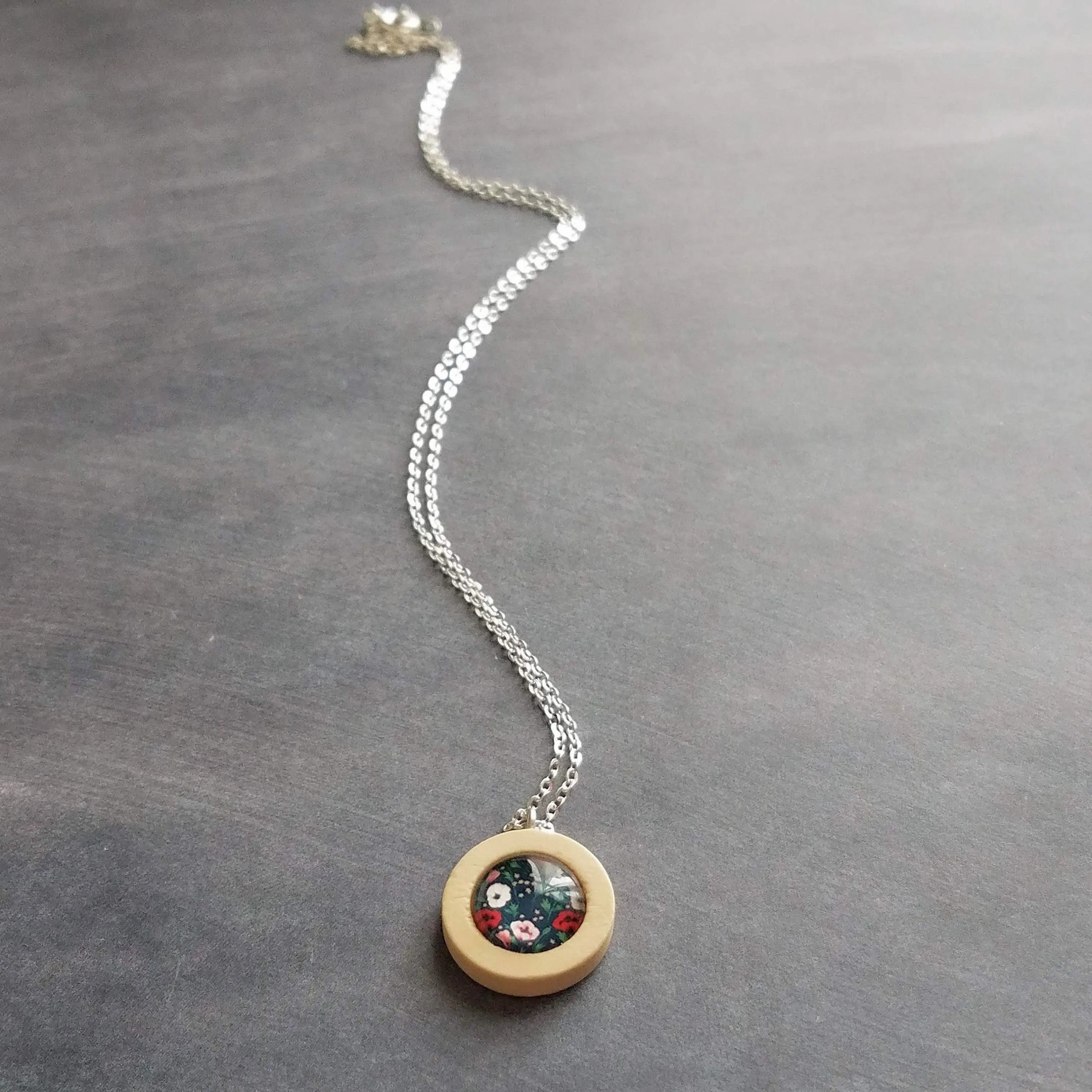 Wood Pendant Necklace, flower print necklace, floral pendant, silver chain, wood frame pendant spring jewelry poppy petunia garden navy blue