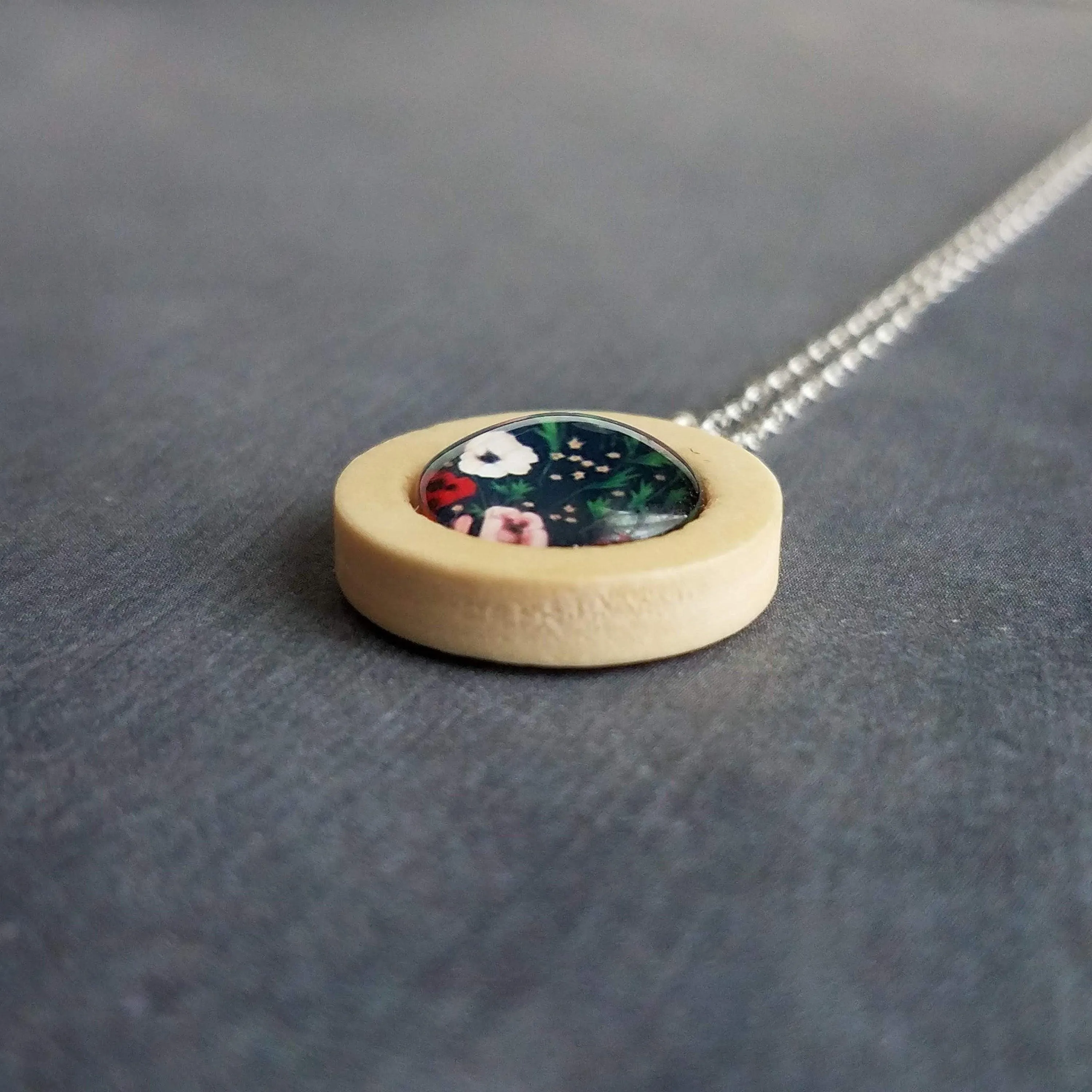 Wood Pendant Necklace, flower print necklace, floral pendant, silver chain, wood frame pendant spring jewelry poppy petunia garden navy blue