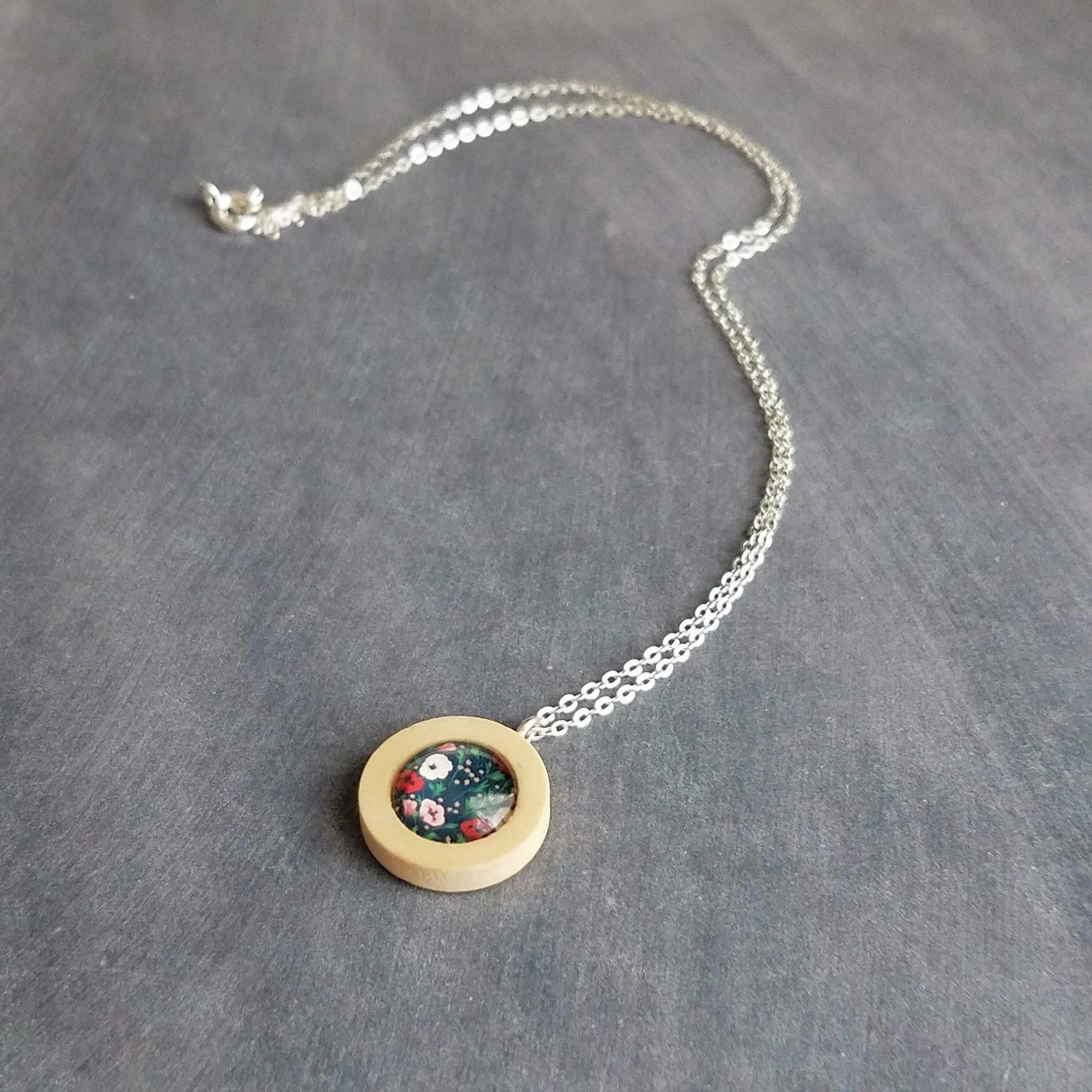 Wood Pendant Necklace, flower print necklace, floral pendant, silver chain, wood frame pendant spring jewelry poppy petunia garden navy blue