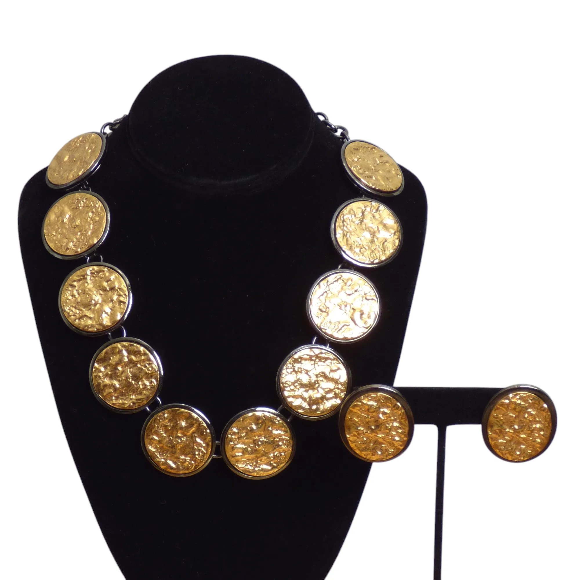 YVES SAINT LAURENT- 1986 Numbered Organic Gold tone Metal Necklace & Earrings